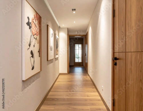 Well Lit Hallway with Wooden Floors Gray Walls and Abstract Art Pieces