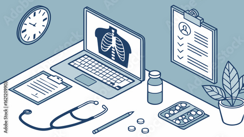 Medical office scene illustration with x ray on laptop stethoscope and clipboard for healthcare concept