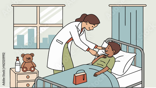 Pediatrician examining child patient in hospital bed healthcare medical examination doctor visit illustration