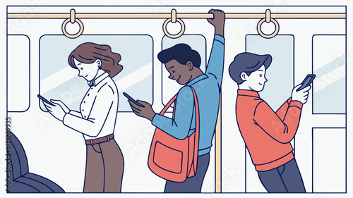 Illustration of people using smartphones on public transport subway train commuting passengers mobile devices