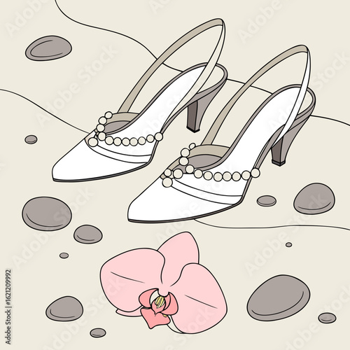 Elegant bridal shoes with pearl accents and pink orchid blossom for wedding day fashion design art