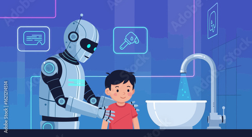A Child Receives Assistance From His Robot Helper While Washing His Hands