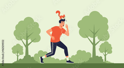 A comical illustration of a surprised man running with a squirrel on his head amidst a peaceful nature scene