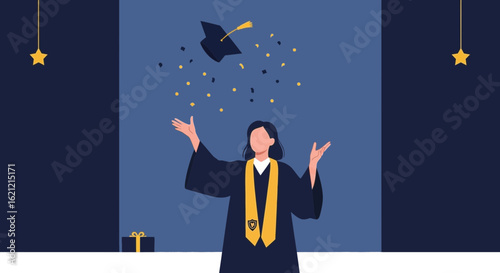 A graduate throwing their cap in the air celebrating graduation with joy and pride achieving academic goals with a gift