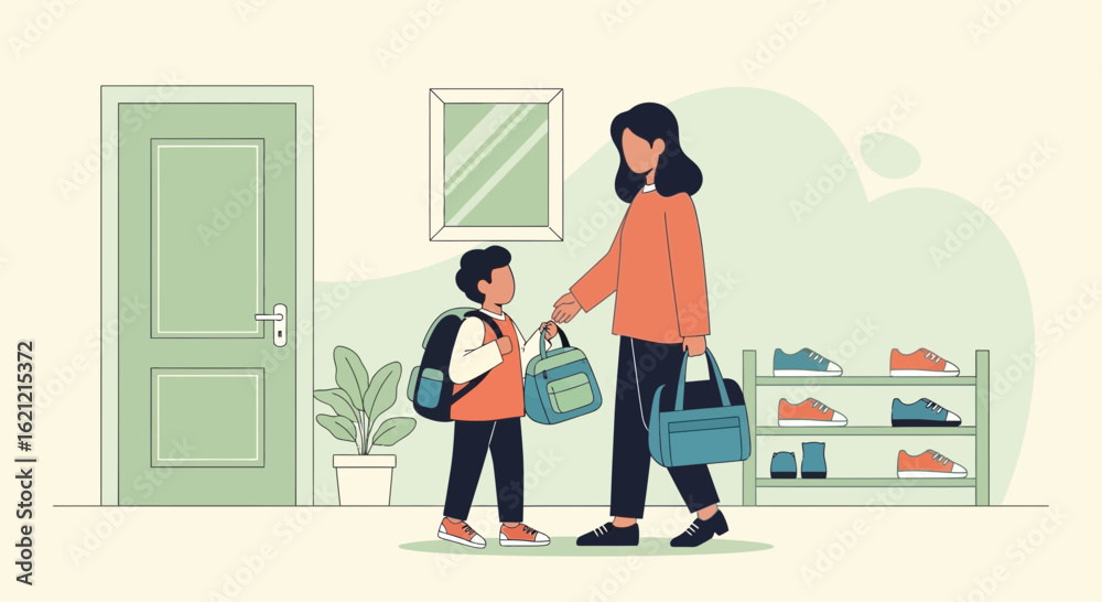 A Loving Mother Seeing Her Son Off to School in a Warm and Comforting Illustration A Loving Mother Seeing Her Son Off to School in a Warm and Comforting Illustration