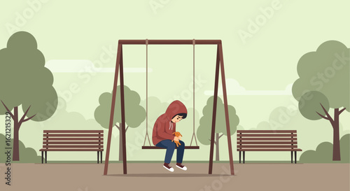 A lonely cartoon boy in a hoodie sits on a swing with his teddy bear at park