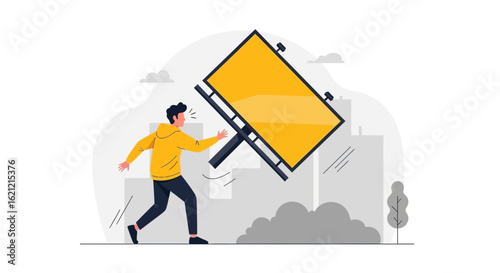 A man escapes from a falling billboard in a city setting showcasing risk and danger of faulty advertising