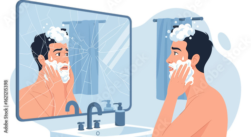 A man shaving with a broken mirror reflecting his actions and inner turmoil in bathroom