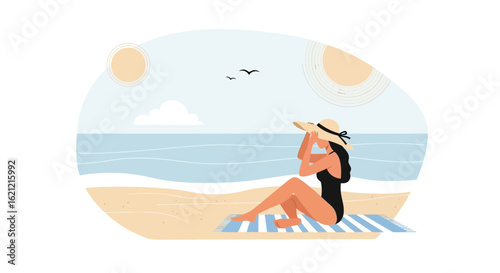 A tranquil scene of a woman enjoying the beach, embodying relaxation and summertime bliss with hat sun and calm blue sea
