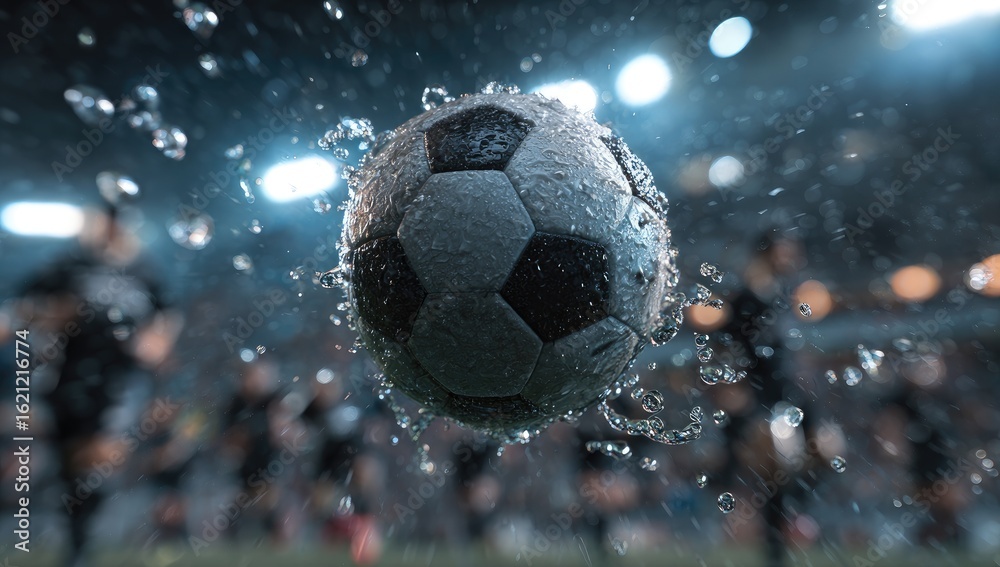 Fototapeta premium A rain-soaked soccer ball in mid-air, surrounded by blurred players and a stadium backdrop under bright lights