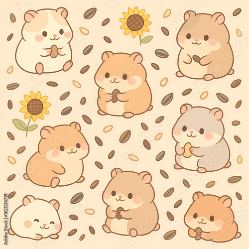 Seamless Kawaii Hamster Pattern – Cute Baby Rodent in Pastel Style