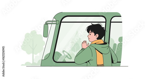 A young passenger on a road trip gazing out the bus window contemplating adventures and the journey ahead