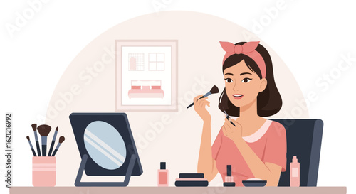 A young woman applying makeup in front of a mirror at her dressing table with beauty products around her is a scene of self care