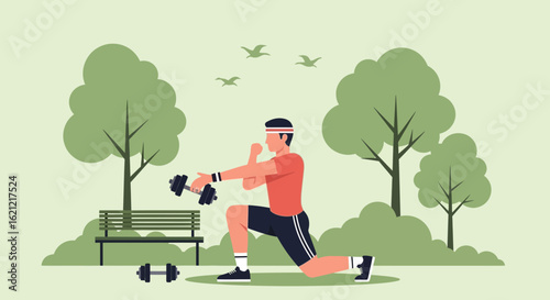 Active Man Doing Lunges With Weights Outdoors In a Green Park