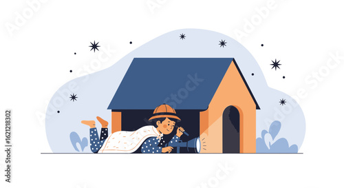 Adventurous Boy Exploring Stars With Telescope Inside Dog House In Night Sky
