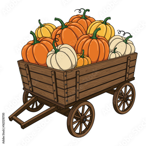 Wooden cart filled with orange and white pumpkins for a festive harvest