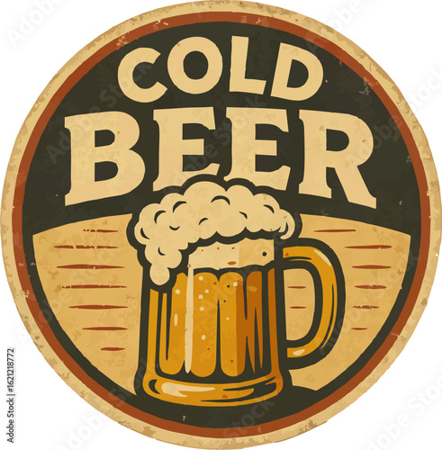 A vintage-style sign with the words "Cold Beer" and an illustration of a frothy beer mug in the center.