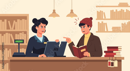 Angry Customer Complaining About Book Price to Librarian at Bookshop