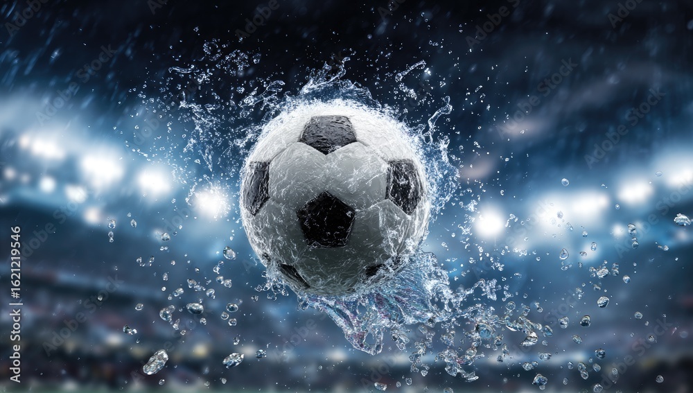 Fototapeta premium A wet soccer ball in mid-air, surrounded by splashing water, against a blurred stadium backdrop at night under bright lights and rain