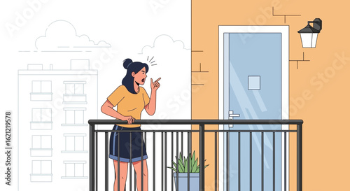 Angry woman on balcony, expressing frustration and gesturing vehemently towards building