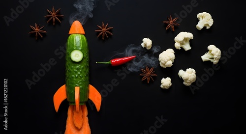 Whimsical rocket ship made of fresh veggies soaring through space on black backdrop, quirky food art