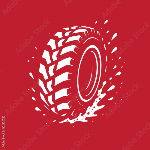 Bold red and white logo featuring an aggressive off-road tire with jagged tread detail and dynamic mud splash effects. The high-contrast line art conveys raw energy, rugged terrain, and fearless adv