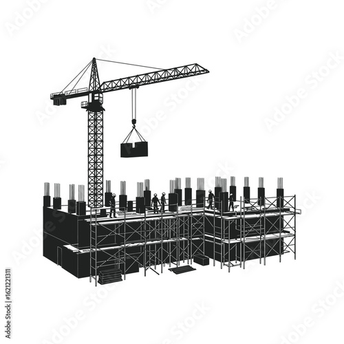 Construction Site Illustration Tower Crane Scaffolding Workers Building Under Construction