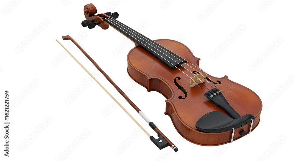 Fototapeta premium Classic Wooden Violin with Bow for Music Performances on Isolated Transparent Background