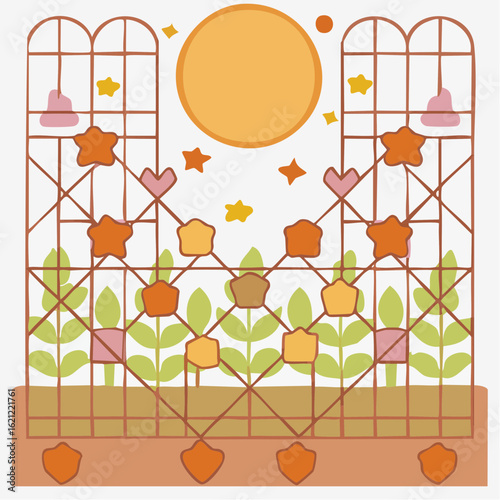 moon-garden trellis pattern in auburn and fog, elegant geometric grid with floral layering seamless fabric design