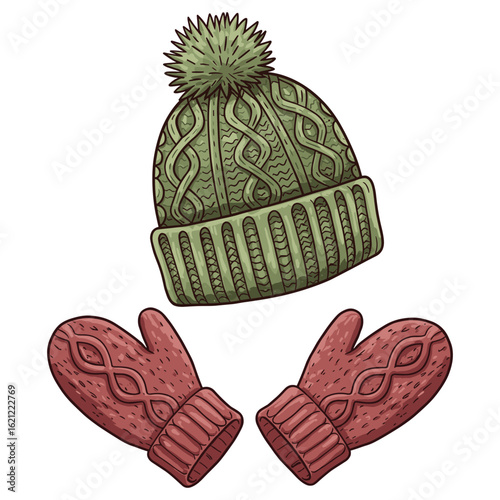 Winter set: green knit cap and red mittens with cable patterns