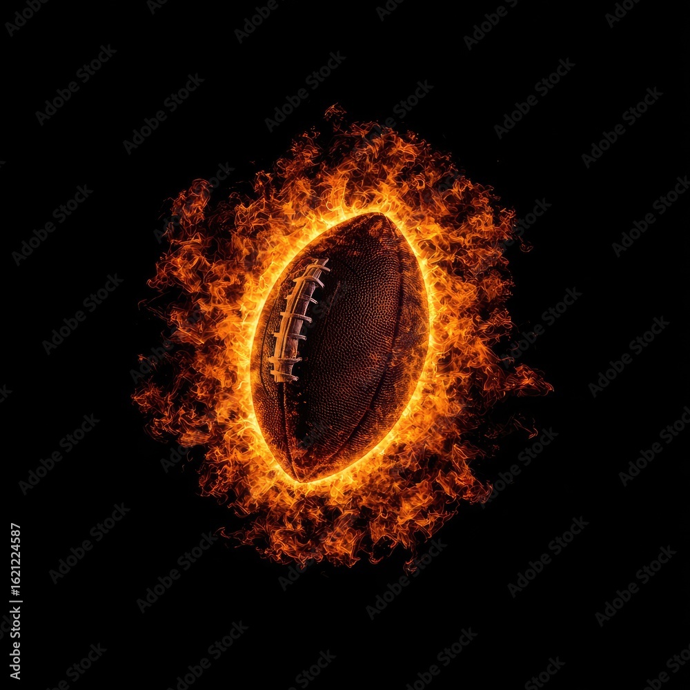 Fototapeta premium Fiery American football engulfed in a ring of intense orange and yellow flames against a stark black background