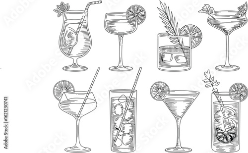 Collection of hand drawn cocktail illustrations with garnishes