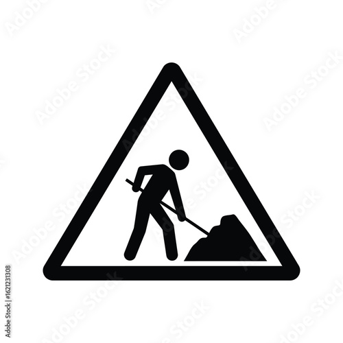 Road construction ahead warning sign worker with shovel black and white triangle icon safety symbol traffic sign illustration