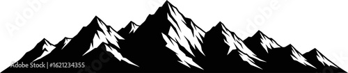 Dramatic Mountain Range Silhouette Vector Graphic for Outdoor Adventures and Landscape Design Projects with sharp peaks and snow caps in minimalist black and white