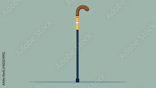Cane A simple elegant cane with a curved handle featuring a rubber base for stability and a minimalist design resting against a wall.