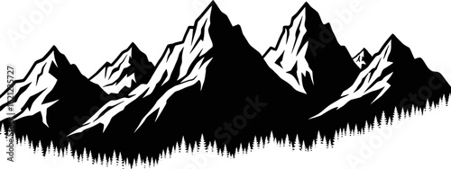 Majestic Mountain Range Silhouette with Evergreen Forest a Timeless Illustration of Natures Grandeur and Wilderness