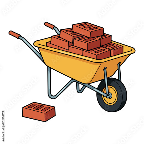 Yellow wheelbarrow with red bricks