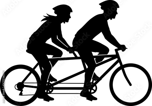 Silhouette of a couple riding a tandem bicycle symbolizing teamwork and collaboration in achieving common goals on a shared journey