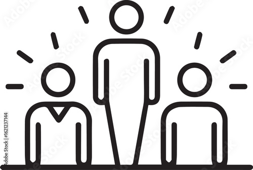 Inspiring leader stands tall amidst supportive team radiating positive energy, symbolizing collaboration and achievement in a modern professional setting.