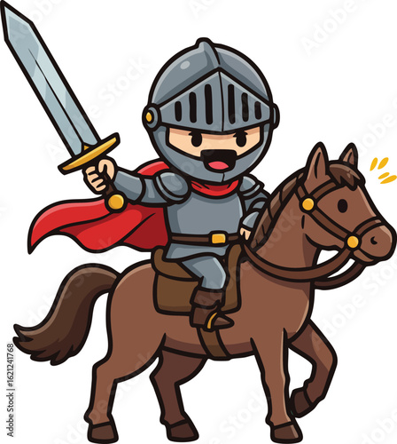 Knight in armor riding brown horse with sword and red cape cartoon vector illustration 
