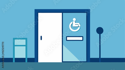 Accessible Restroom Facility A clear illustration of a restroom building with a wide door grab bars and an accessible stall symbol prominently displayed.