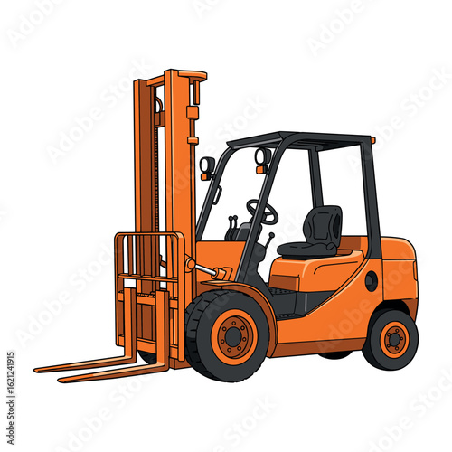 Orange forklift side view illustration featuring industrial equipment design