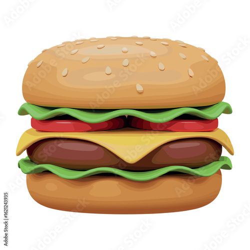 Delicious cheeseburger with lettuce, tomato, and sesame seed bun