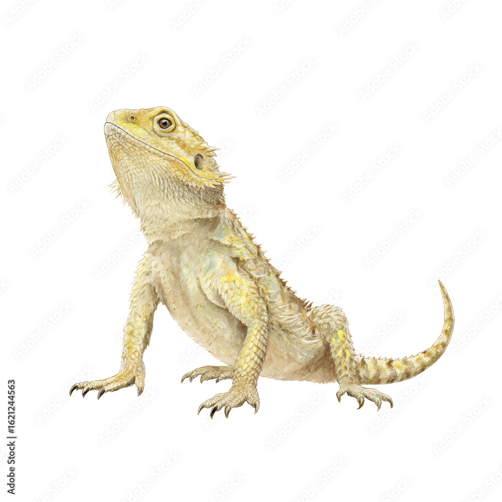 Fototapeta premium Watercolor animal illustration, bearded dragon lizard isolated on transparent background, a popular reptile pet known for its unique appearance and docile nature