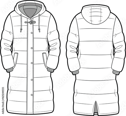 Flat vector CAD drawing of long hooded padded puffer coat, front and back views, warm winter fashion outerwear illustration design
