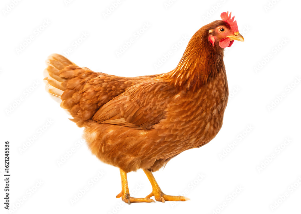 Fototapeta premium A full body shot of a brown hen standing on a white surface with a black background behind it