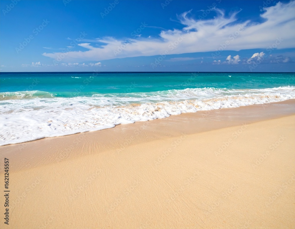 Fototapeta premium Beautiful tropical beach with gentle turquoise waves washing over smooth golden sand, creating a peaceful and minimal coastal scene. Ideal for summer, travel, and relaxation themes