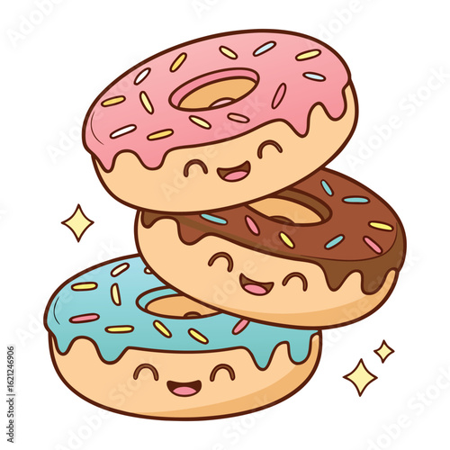 Three adorable kawaii donuts stacked on top of each other with happy faces and colorful sprinkles isolated on white background