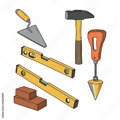 Construction tools set with hammer, trowel, plumb bob, level, bricks