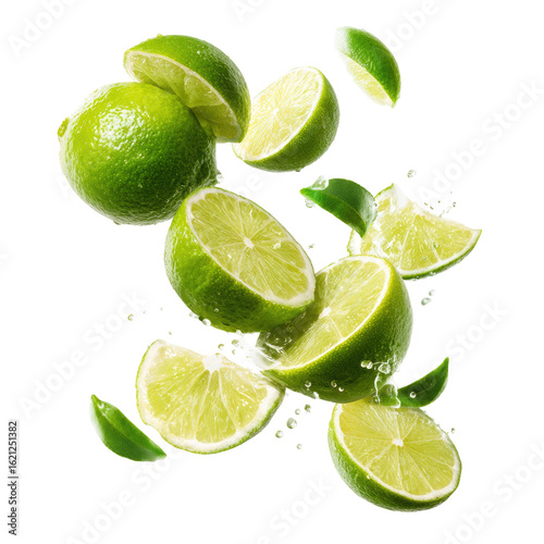 Fresh lime slices in motion, splashing water